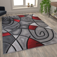 Flash Furniture ACD-RGTRZ860-69-RD-GG Jubilee Collection 6' x 9' Red Abstract Area Rug - Olefin Rug with Jute Backing - Living Room, Bedroom, & Family Room